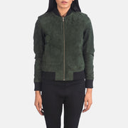 Close-Up Detail of Varsity - Rib Knit &amp; Zipper with Wind Flap Hardware on Women's Bliss Green Suede Bomberjakke i Skinn for Kvinner