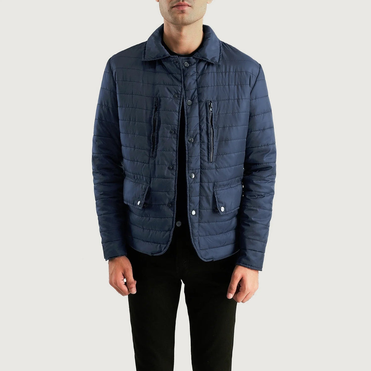 Men's Bo Quilt Windbreaker Skinnjakke for Herre in Navy Blue Nylon - Front Profile View &amp; Tailored Silhouette | Buy Online