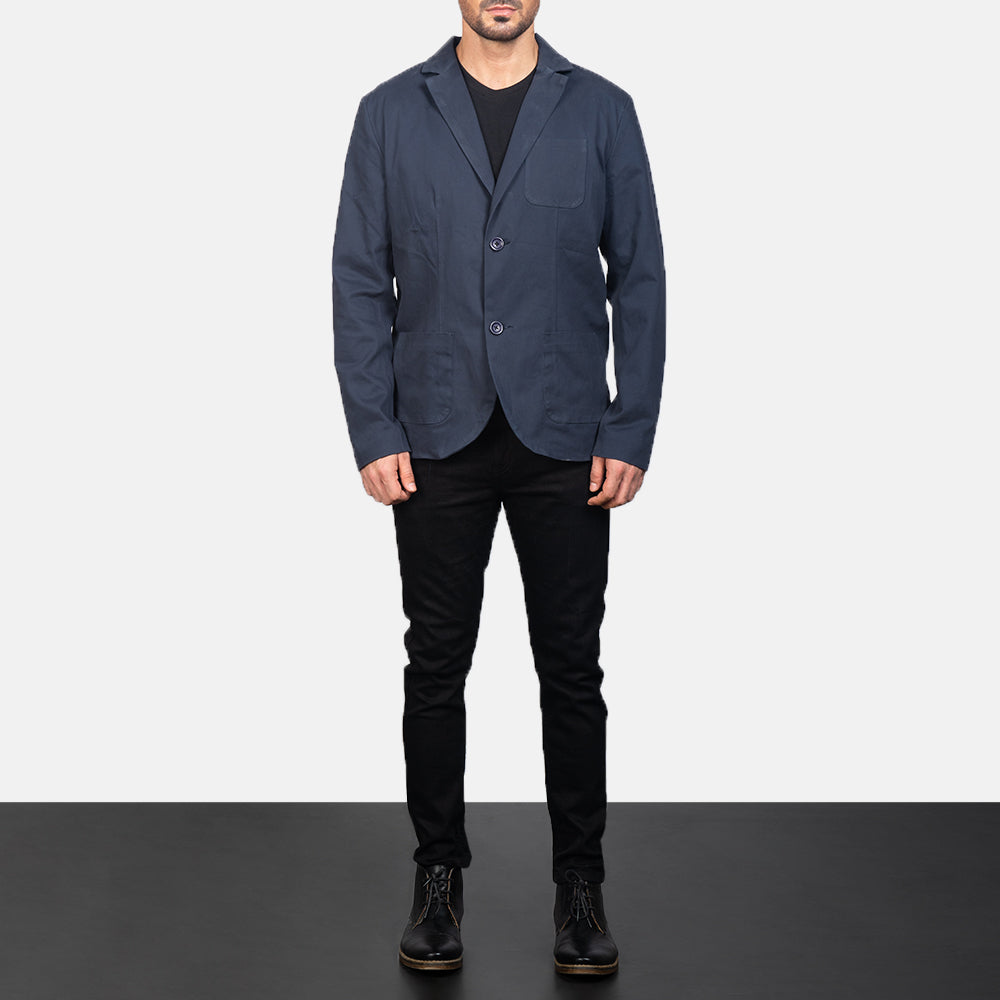 Borges Navy Blue Skinnblazer for Herre - Lateral Side Profile View Showing Sleeve Cut &amp; Athletic Taper Fit