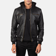 
Bouncer Biz Black Leather Hooded Bomber Jacket in Black Cowhide Leather - Front Profile View & Tailored Silhouette | Buy Online