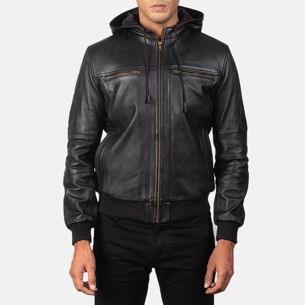 
Bouncer Biz Black Leather Hooded Bomber Jacket - Lateral Side Profile View Showing Sleeve Cut & Athletic Taper Fit