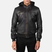 
Bouncer Biz Black Leather Hooded Bomber Jacket - Lateral Side Profile View Showing Sleeve Cut & Athletic Taper Fit