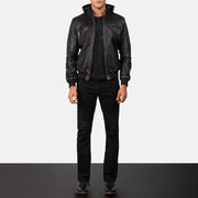 
Close-Up Detail of Band & Zipper Hardware on Bouncer Biz Black Leather Hooded Bomber Jacket