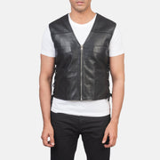Close-Up Detail of Classic Collar &amp; Zipper Hardware on Men's Brandon Svart Skinnvest for Herre