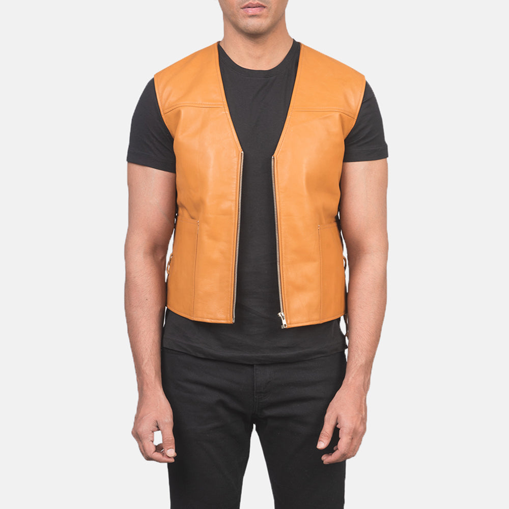 Men's Brandon Lys brun Brun Skinnvest for Herre in Tan Brown Sheepskin Leather - Front Profile View &amp; Tailored Silhouette | Buy Online