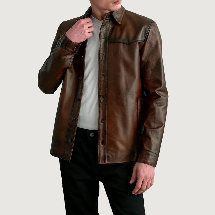 Bronco Distressed Brun Leather Shirt for Herre