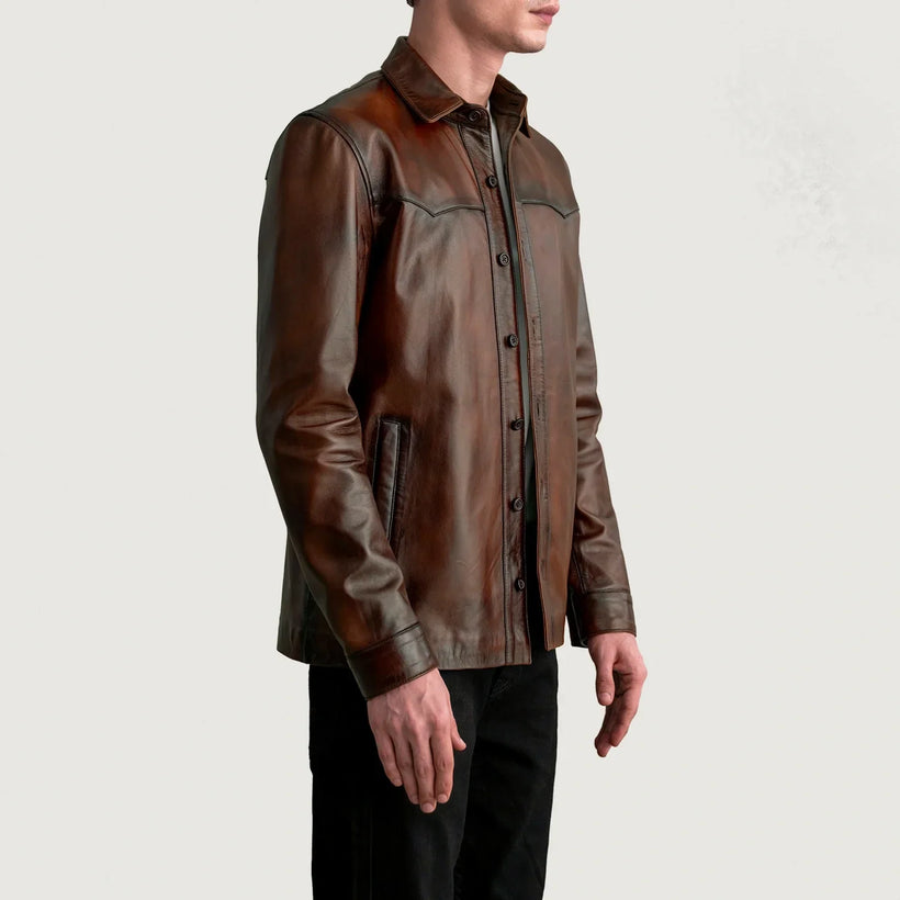 Bronco Distressed Brun Leather Shirt for Herre