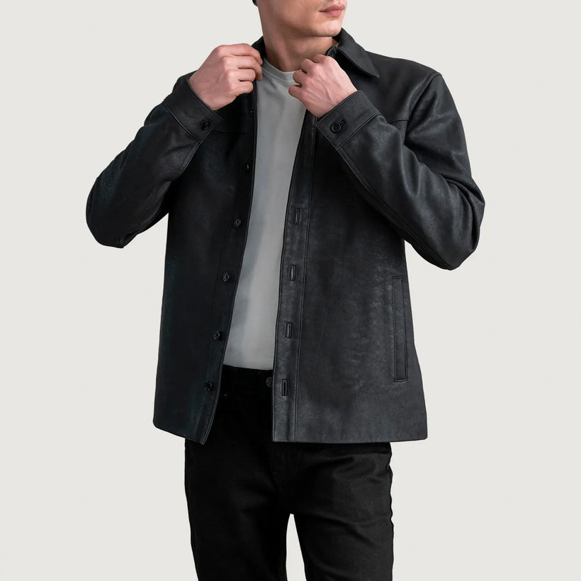 Bronco Tumbled Svart Leather Shirt for Herre