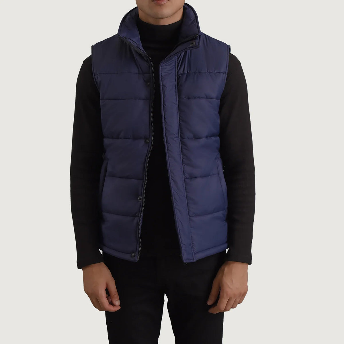 Bryan Blue Puffer Vest for Herre in Blue Full-Grain Leather - Front Profile View &amp; Tailored Silhouette | Buy Online