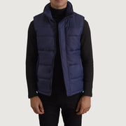 Bryan Blue Puffer Vest for Herre in Blue Full-Grain Leather - Front Profile View &amp; Tailored Silhouette | Buy Online
