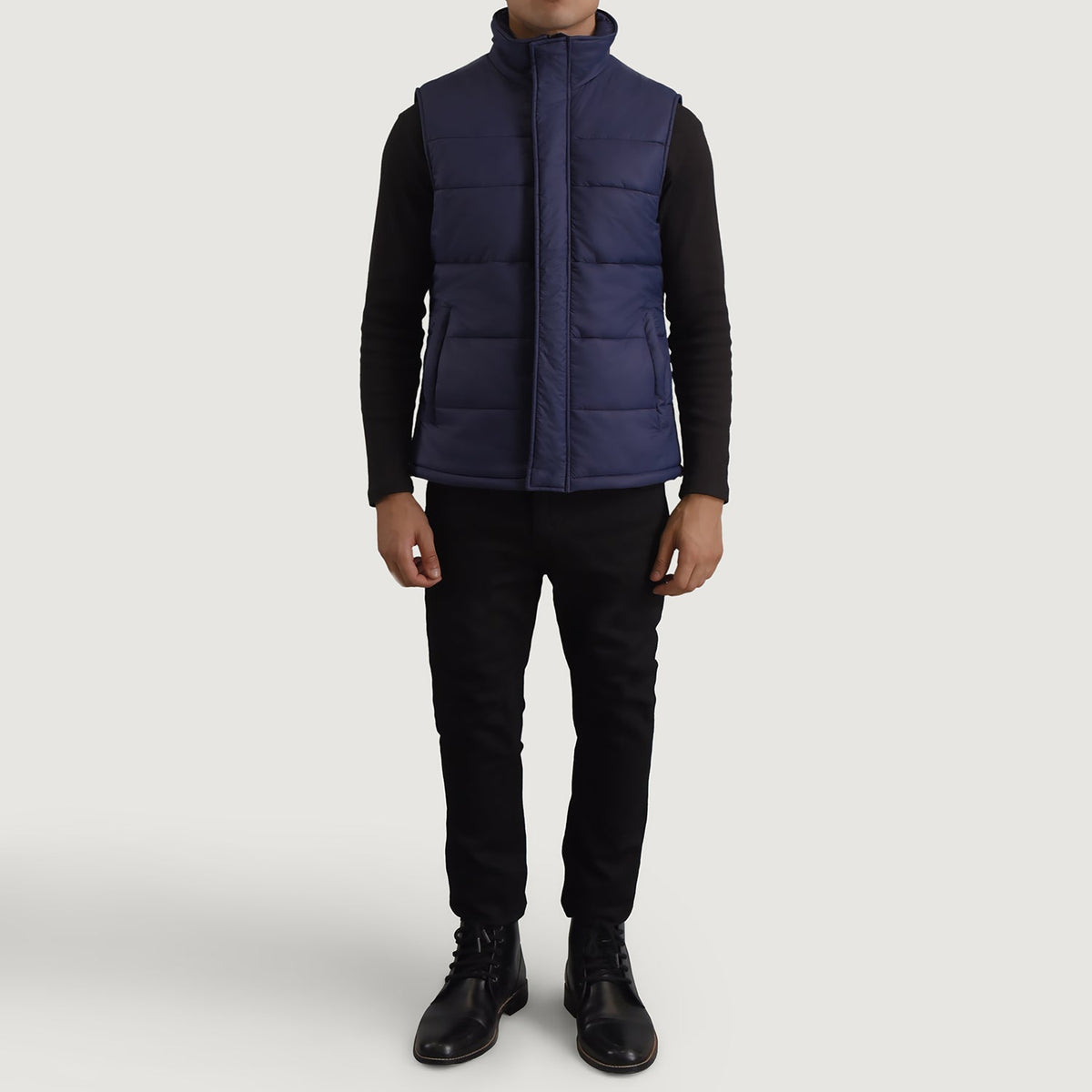Bryan Blue Puffer Vest for Herre - Lateral Side Profile View Showing Sleeve Cut &amp; Athletic Taper Fit