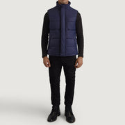 Bryan Blue Puffer Vest for Herre - Lateral Side Profile View Showing Sleeve Cut &amp; Athletic Taper Fit