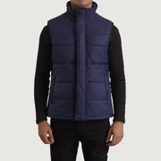 Close-Up Detail of Classic Collar &amp; Zipper With Placket Hardware on Bryan Blue Puffer Vest for Herre