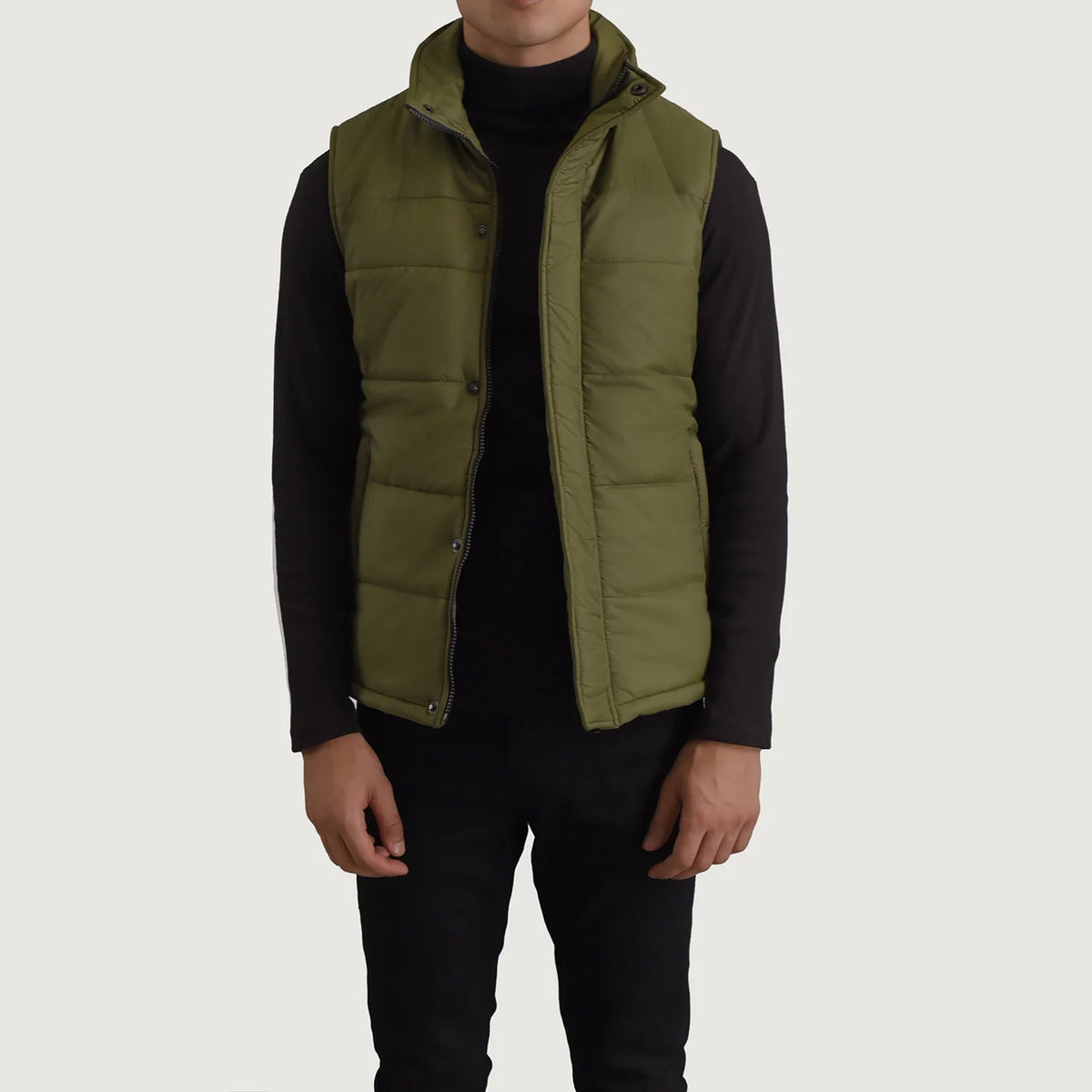 Bryan Green Puffer Vest for Herre in Green Full-Grain Leather - Front Profile View &amp; Tailored Silhouette | Buy Online