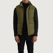 Bryan Green Puffer Vest for Herre in Green Full-Grain Leather - Front Profile View &amp; Tailored Silhouette | Buy Online