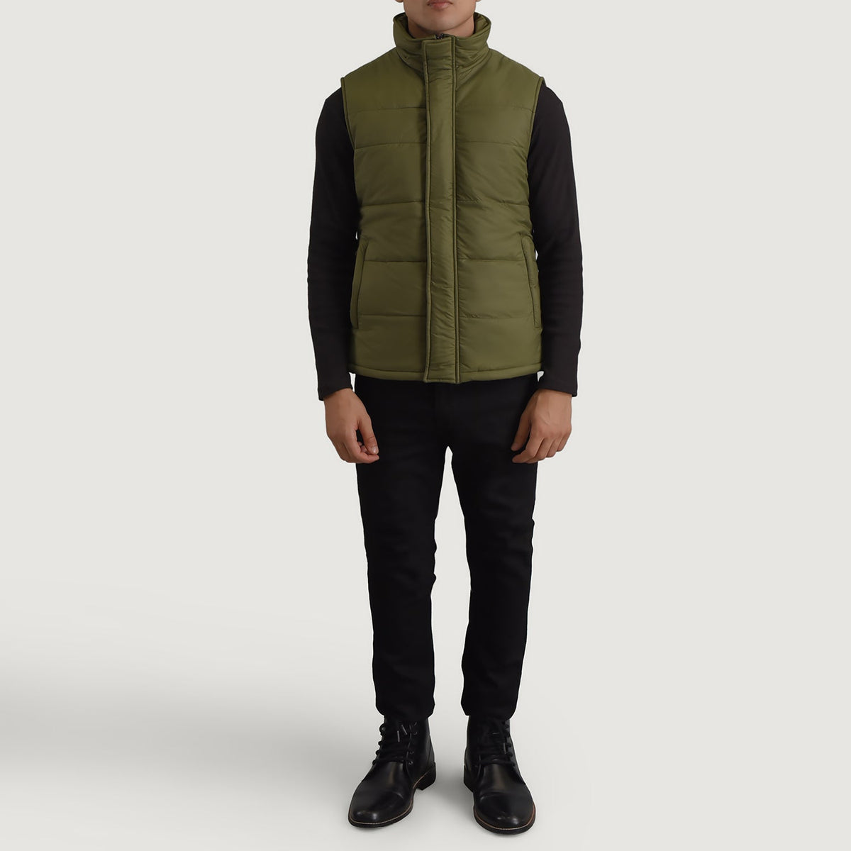 Bryan Green Puffer Vest for Herre - Lateral Side Profile View Showing Sleeve Cut &amp; Athletic Taper Fit