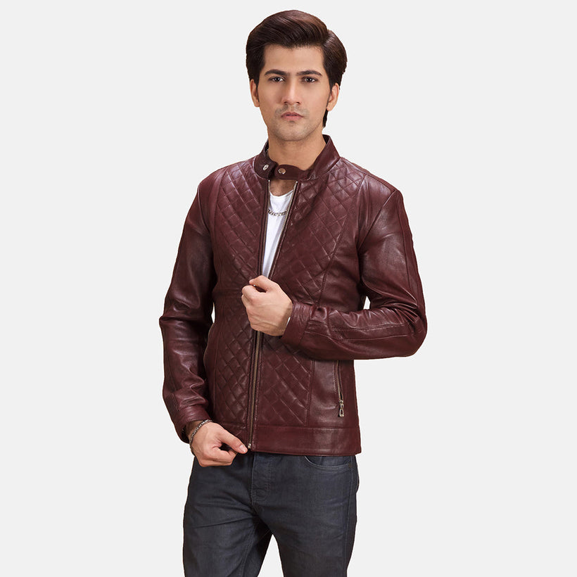 Burgunn Dee Maroon Bikerjakke i Skinn for Herre