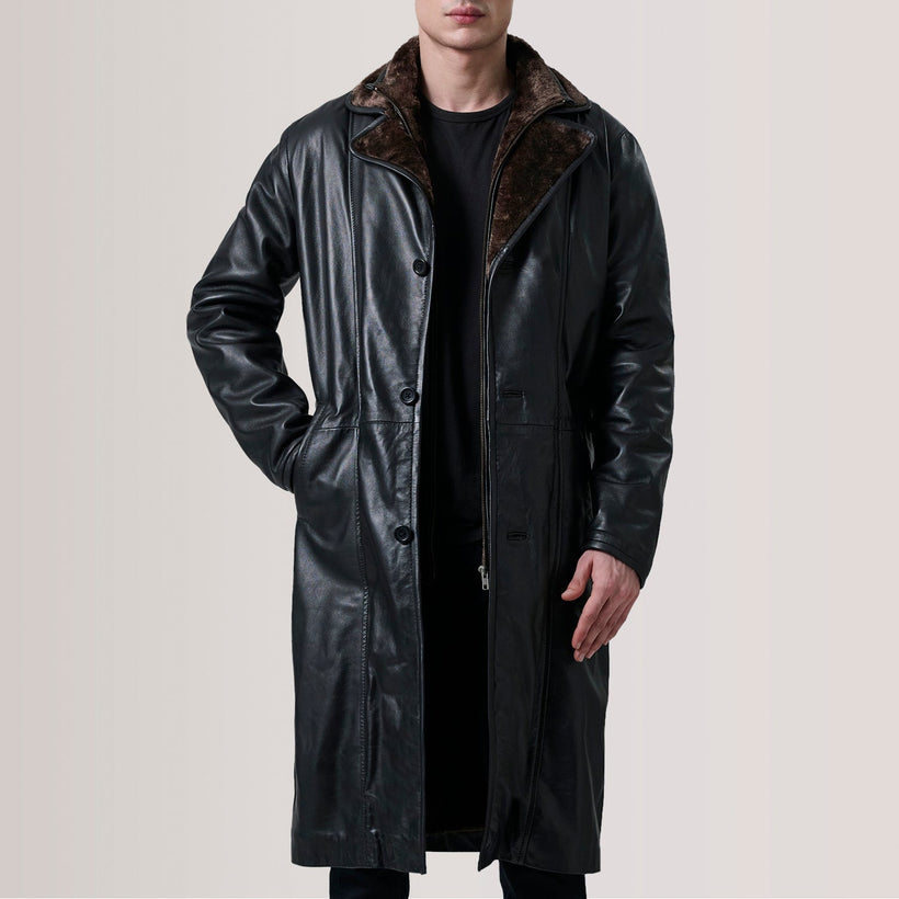 Cai Svart Leather Shearling Skinnkåpe for Herre