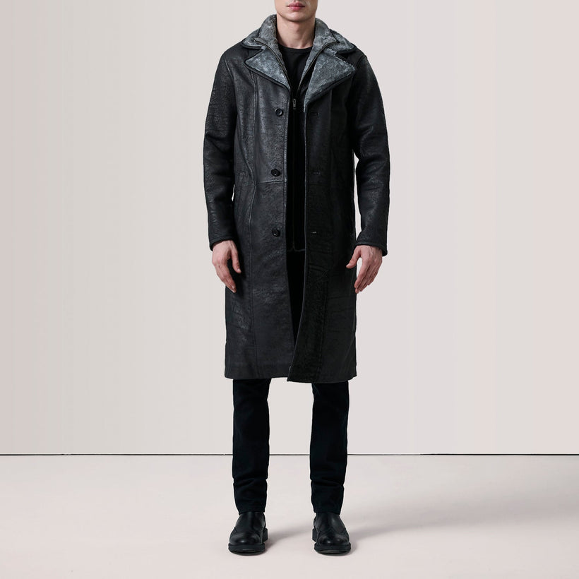 Cai Distressed Svart Leather Shearling Skinnkåpe for Herre