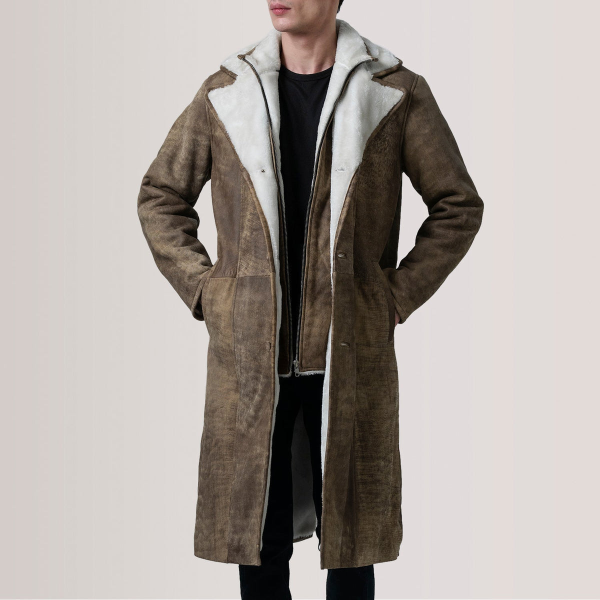 Cai Distressed Brun Leather Shearling Skinnkåpe for Herre For Men in Distressed Brown Sheepskin Snuffed - Front Profile View &amp; Tailored Silhouette | Buy Online
