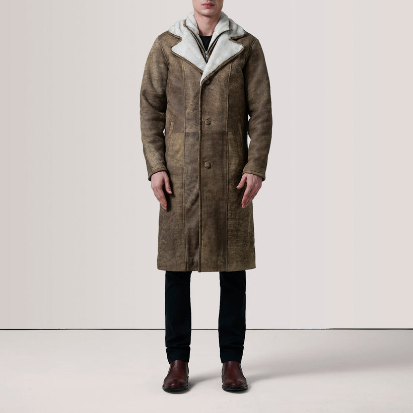 Cai Distressed Brun Leather Shearling Skinnkåpe for Herre