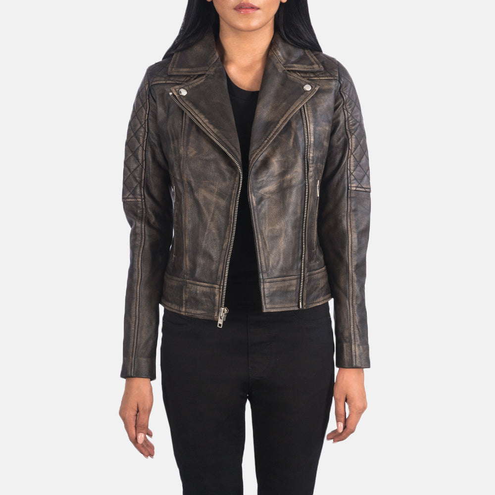 
Carolyn Quilted Distressed Brown Biker Jacket in Distressed Brown Goatskin Leather - Front Profile View & Tailored Silhouette | Buy Online