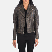 
Carolyn Quilted Distressed Brown Biker Jacket in Distressed Brown Goatskin Leather - Front Profile View & Tailored Silhouette | Buy Online