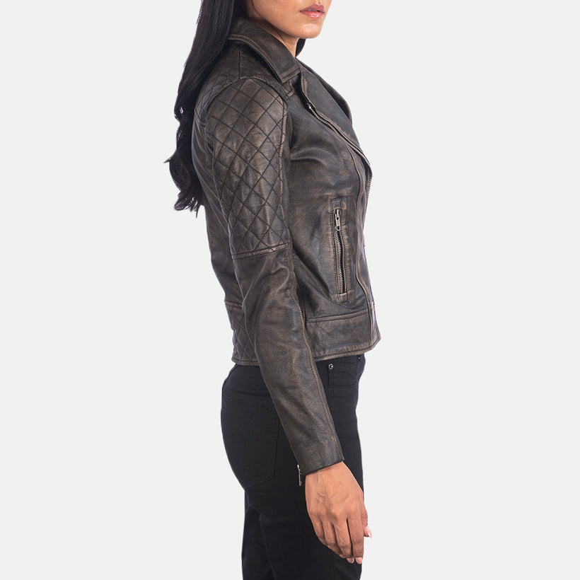 Carolyn Quilted Distressed Brun Bikerjakke i Skinn for Kvinner