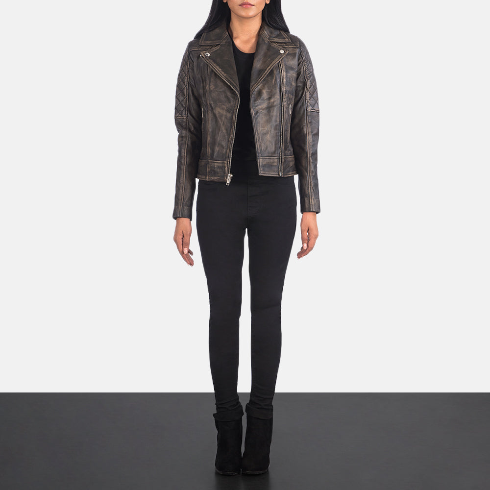 
Carolyn Quilted Distressed Brown Biker Jacket - Lateral Side Profile View Showing Sleeve Cut & Athletic Taper Fit