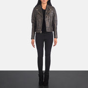 
Carolyn Quilted Distressed Brown Biker Jacket - Lateral Side Profile View Showing Sleeve Cut & Athletic Taper Fit
