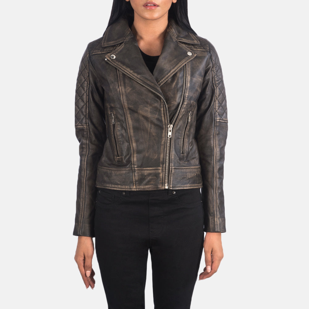
Close-Up Detail of Notch & Zipper Hardware on Carolyn Quilted Distressed Brown Biker Jacket