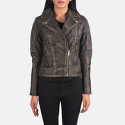 
Close-Up Detail of Notch & Zipper Hardware on Carolyn Quilted Distressed Brown Biker Jacket