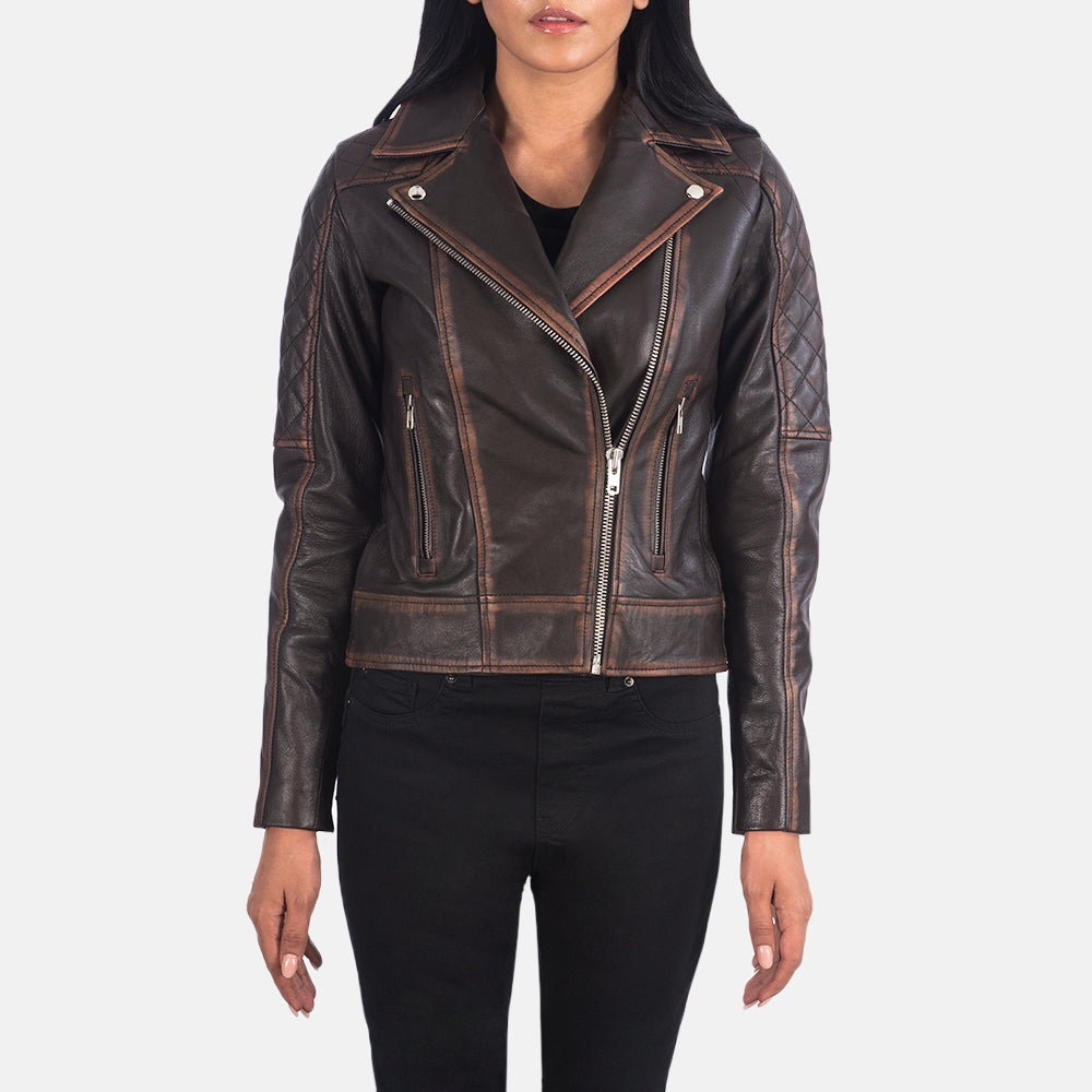 
Carolyn Quilted Vintage Brown Biker Jacket in Vintage Brown Goatskin Leather - Front Profile View & Tailored Silhouette | Buy Online