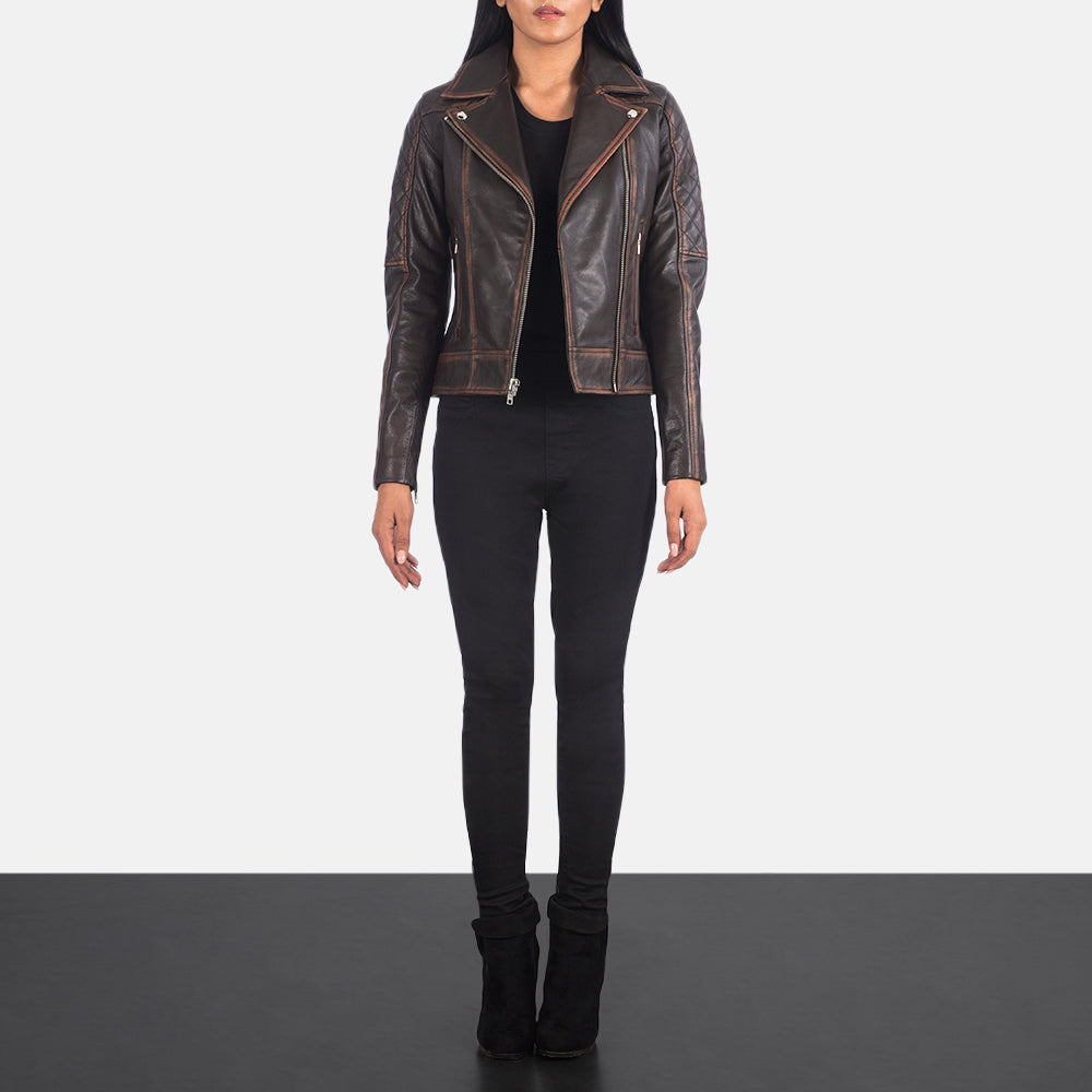 
Carolyn Quilted Vintage Brown Biker Jacket - Lateral Side Profile View Showing Sleeve Cut & Athletic Taper Fit