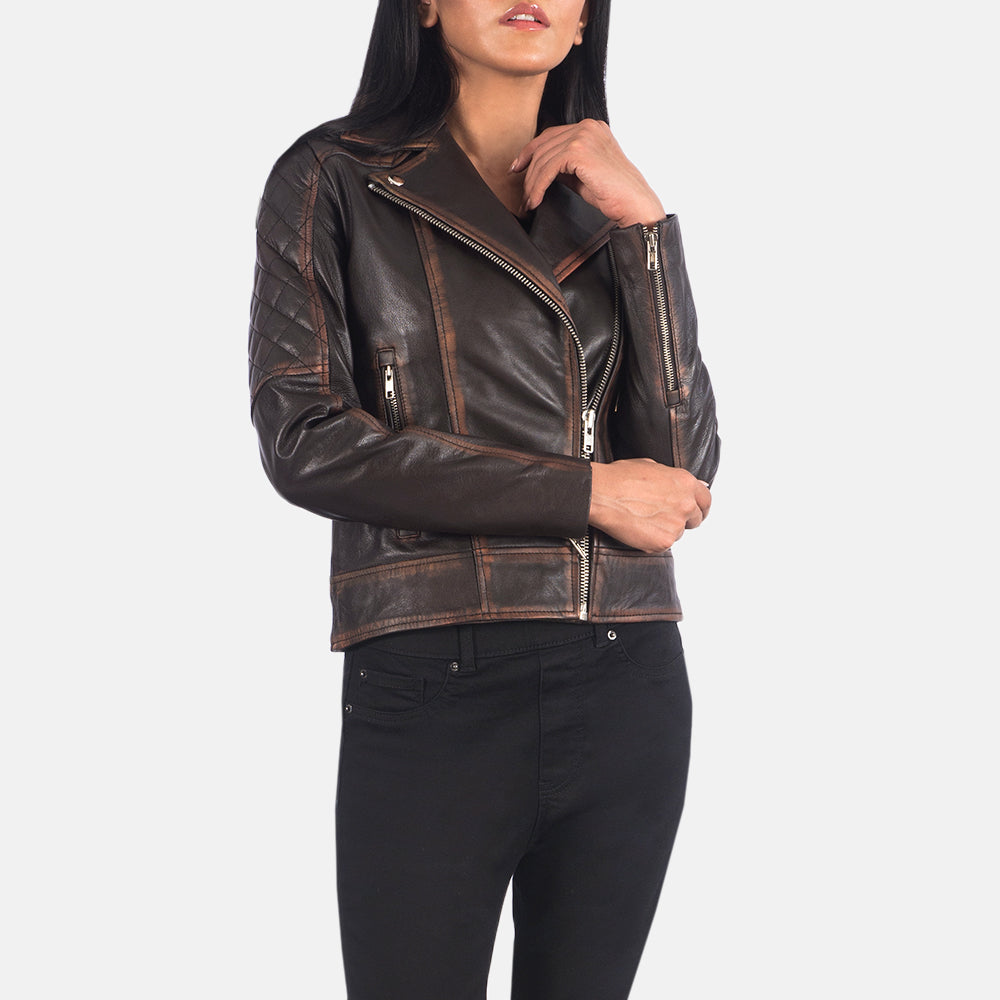 
Close-Up Detail of Notch & Zipper Hardware on Carolyn Quilted Vintage Brown Biker Jacket