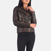 
Close-Up Detail of Notch & Zipper Hardware on Carolyn Quilted Vintage Brown Biker Jacket