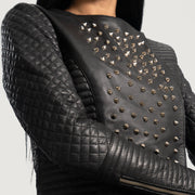 Women's Celeste Studded Svart Skinnjakke for Kvinner - Lateral Side Profile View Showing Sleeve Cut &amp; Athletic Taper Fit