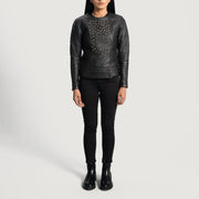 Close-Up Detail of Classic Collar &amp; Snap Button Hardware on Women's Celeste Studded Svart Skinnjakke for Kvinner
