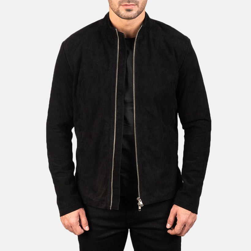 Charcoal Svart Suede Bikerjakke i Skinn for Herre