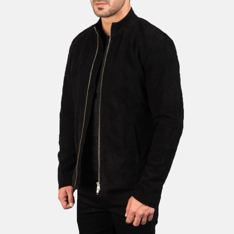 Charcoal Svart Suede Bikerjakke i Skinn for Herre