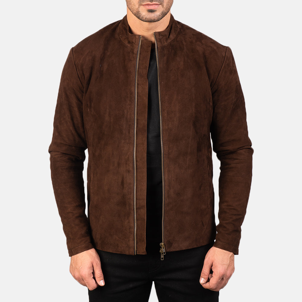 Men's Charcoal Mocha Suede Bikerjakke i Skinn for Herre in Dark Brown Goatskin Suede - Front Profile View &amp; Tailored Silhouette | Buy Online