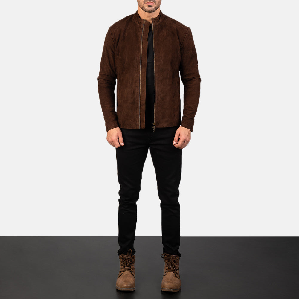 Men's Charcoal Mocha Suede Bikerjakke i Skinn for Herre - Lateral Side Profile View Showing Sleeve Cut &amp; Athletic Taper Fit