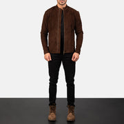 Men's Charcoal Mocha Suede Bikerjakke i Skinn for Herre - Lateral Side Profile View Showing Sleeve Cut &amp; Athletic Taper Fit