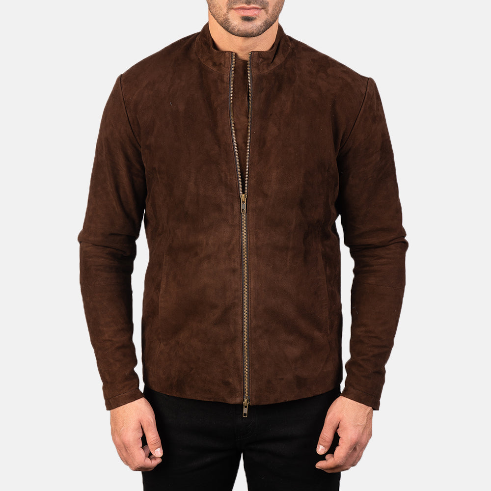 Close-Up Detail of Mandarin &amp; Zipper with Dual Puller Hardware on Men's Charcoal Mocha Suede Bikerjakke i Skinn for Herre