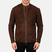 Close-Up Detail of Mandarin &amp; Zipper with Dual Puller Hardware on Men's Charcoal Mocha Suede Bikerjakke i Skinn for Herre