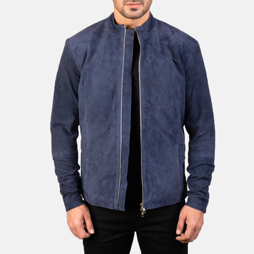 Charcoal Navy Blue Suede Bikerjakke i Skinn for Herre