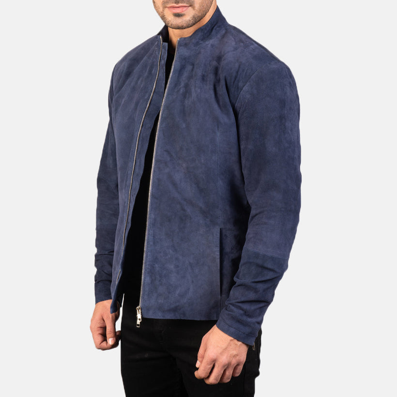 Charcoal Navy Blue Suede Bikerjakke i Skinn for Herre