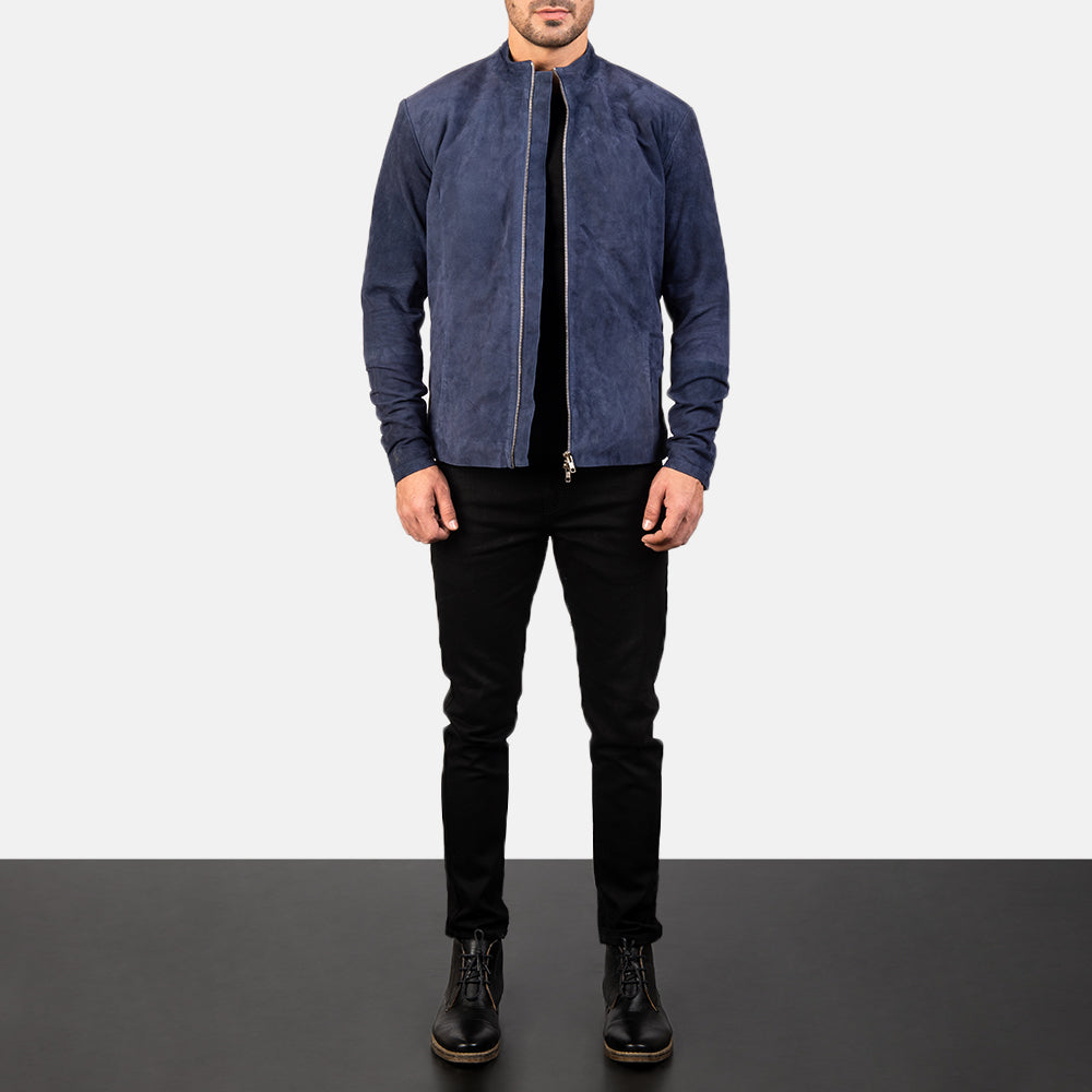 
Charcoal Navy Blue Suede Biker Jacket - Lateral Side Profile View Showing Sleeve Cut & Athletic Taper Fit
