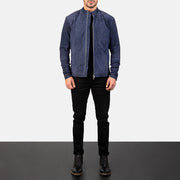 
Charcoal Navy Blue Suede Biker Jacket - Lateral Side Profile View Showing Sleeve Cut & Athletic Taper Fit
