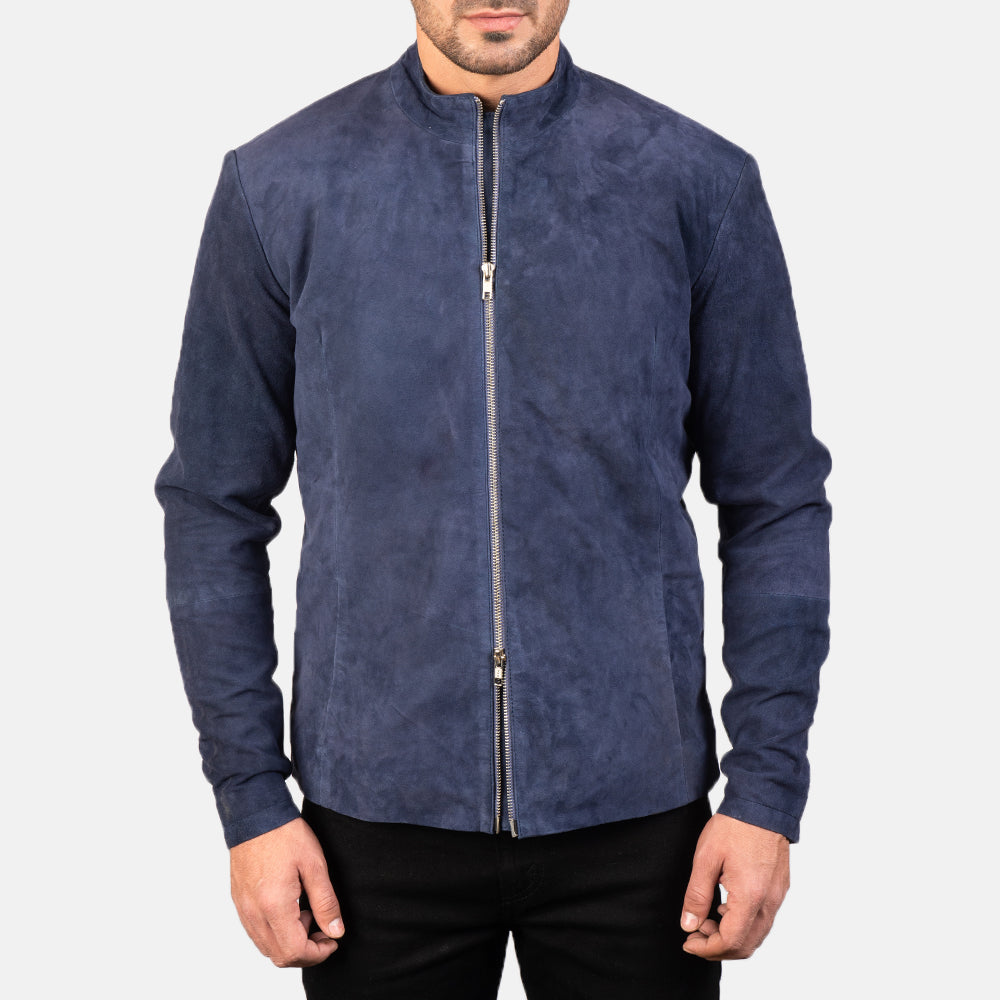 
Close-Up Detail of Mandarin & Zipper with Dual Puller Hardware on Charcoal Navy Blue Suede Biker Jacket